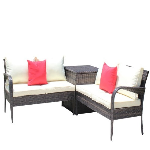 3 Piece Patio Sectional Wicker Rattan Outdoor Furniture Sofa Set With Storage Box Brown
