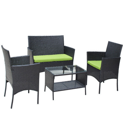 4 PC Rattan Patio Furniture Set Outdoor Patio Cushioned Seat Wicker Sofa Green Cushion