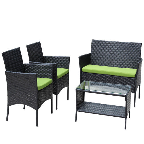 4 PC Rattan Patio Furniture Set Outdoor Patio Cushioned Seat Wicker Sofa Green Cushion