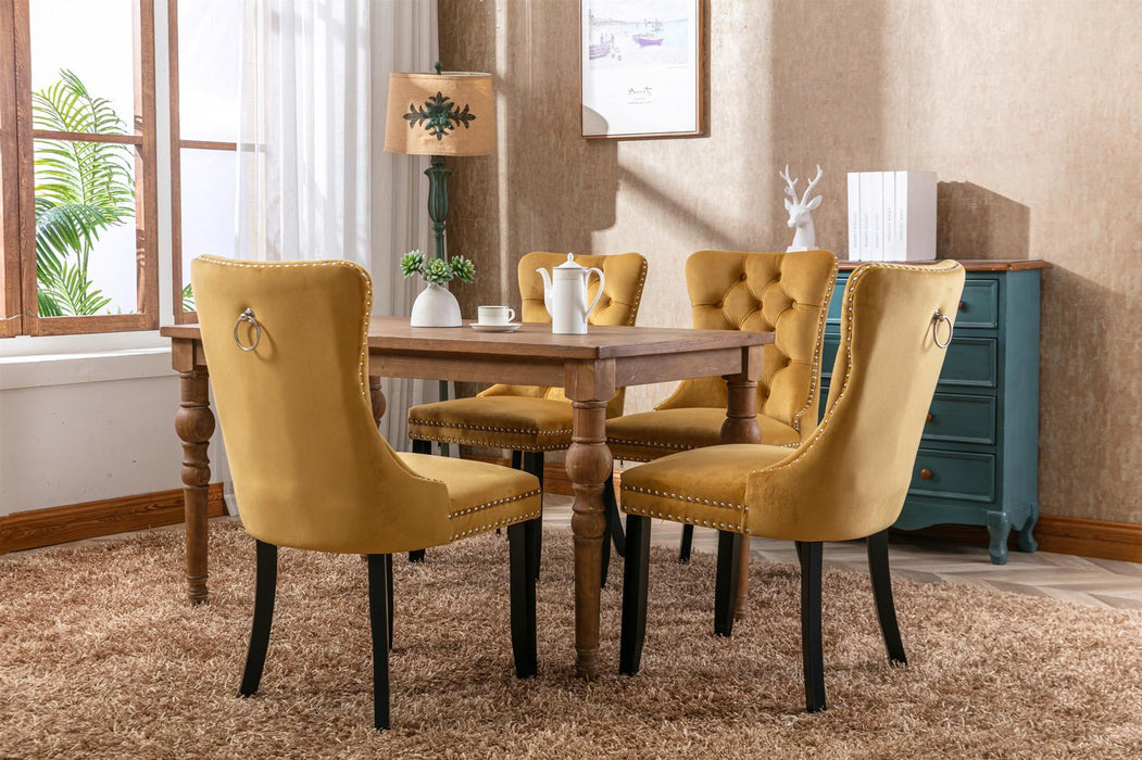 Modern High-end Tufted Solid Wood Contemporary Velvet Upholstered Dining Chair With Wooden Legs And Spike Head Trim 2-piece Set, Gold