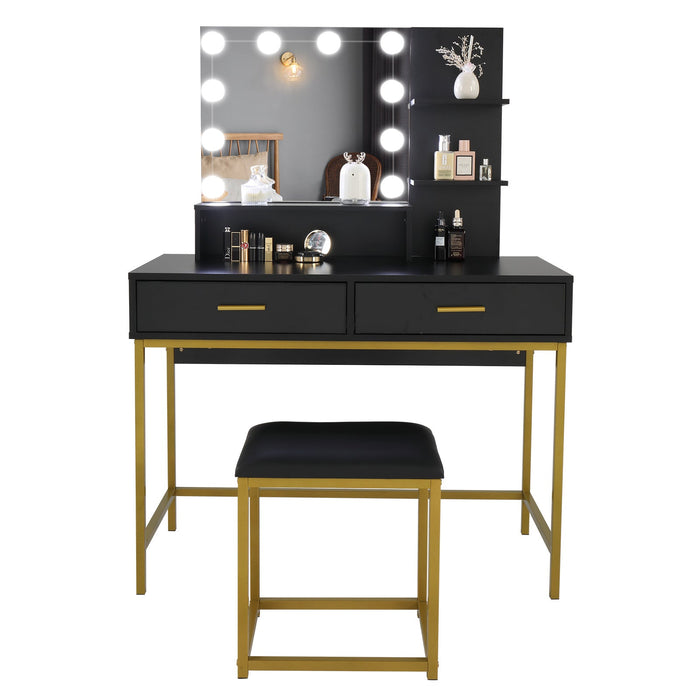 Black, Particleboard, Steel Frame, Two-drawer, Three-tier Shelf, Dressing Table Set, Three-tone Light, Light Luxury
