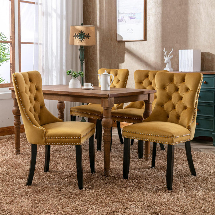 Modern High-end Tufted Solid Wood Contemporary Velvet Upholstered Dining Chair With Wooden Legs And Spike Head Trim 2-piece Set, Gold
