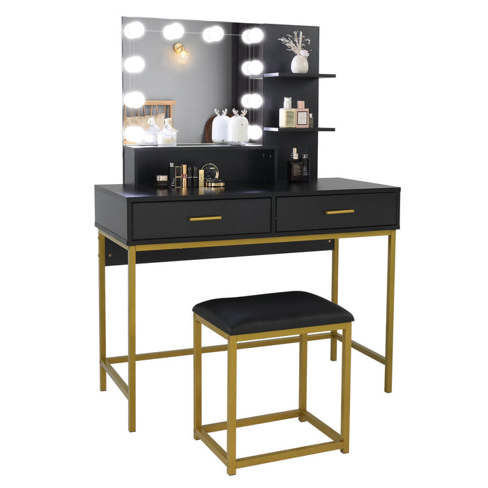Black, Particleboard, Steel Frame, Two-drawer, Three-tier Shelf, Dressing Table Set, Three-tone Light, Light Luxury