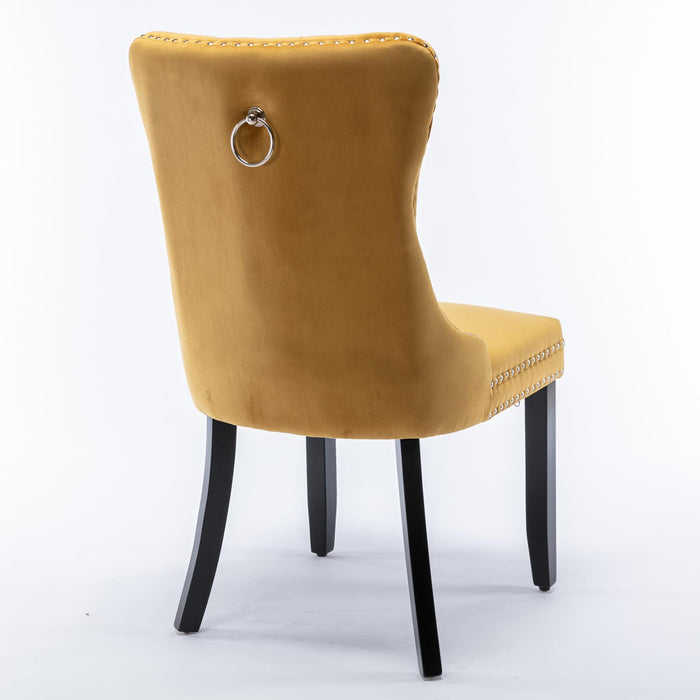 Modern High-end Tufted Solid Wood Contemporary Velvet Upholstered Dining Chair With Wooden Legs And Spike Head Trim 2-piece Set, Gold