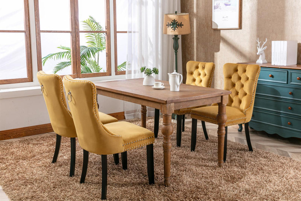 Modern High-end Tufted Solid Wood Contemporary Velvet Upholstered Dining Chair With Wooden Legs And Spike Head Trim 2-piece Set, Gold