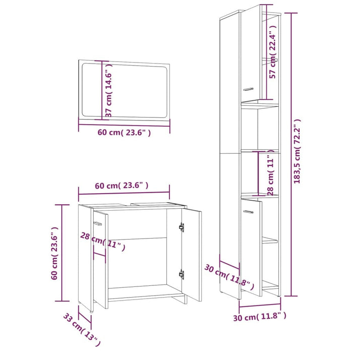 vidaXL 3 Piece Bathroom Furniture Set Grey Sonoma Engineered Wood