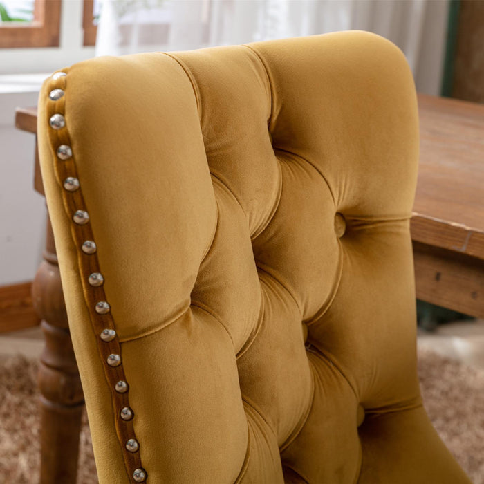 Modern High-end Tufted Solid Wood Contemporary Velvet Upholstered Dining Chair With Wooden Legs And Spike Head Trim 2-piece Set, Gold