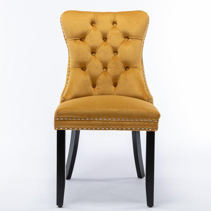 Modern High-end Tufted Solid Wood Contemporary Velvet Upholstered Dining Chair With Wooden Legs And Spike Head Trim 2-piece Set, Gold