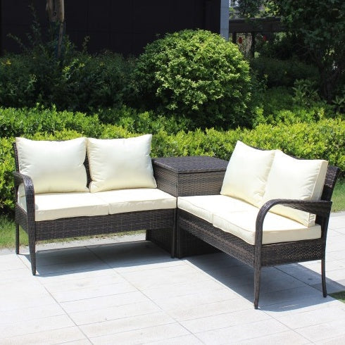 3 Piece Patio Sectional Wicker Rattan Outdoor Furniture Sofa Set With Storage Box Brown