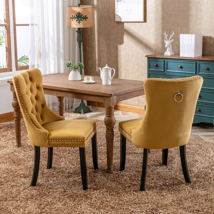 Modern High-end Tufted Solid Wood Contemporary Velvet Upholstered Dining Chair With Wooden Legs And Spike Head Trim 2-piece Set, Gold
