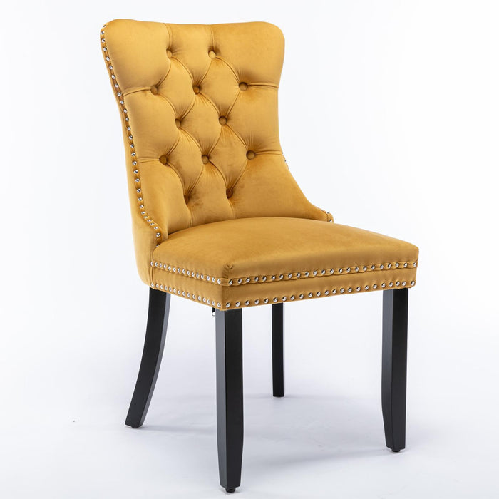 Modern High-end Tufted Solid Wood Contemporary Velvet Upholstered Dining Chair With Wooden Legs And Spike Head Trim 2-piece Set, Gold